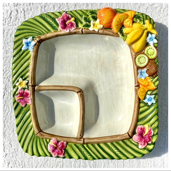 VTG 🏝Tropical Serving  Platter Floral & Fruit Chip Dip Veggie & Dip 🌺🥝🎋🍌🎋. - Picture 4 of 16